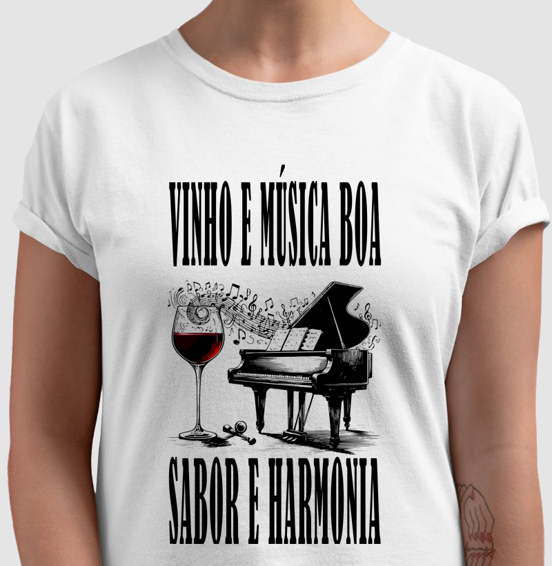 Camiseta Piano e Vinho com Frase - M1