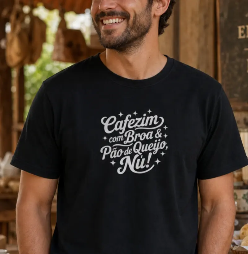 Cafezim com Broa & Pão de Queijo, Nú! | Algodão Peruano - Camiseta Algodão Peruano