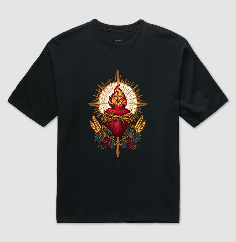 Sagrado Coração - Coração Eucarístico - Cristo Vivo - Camiseta Oversized