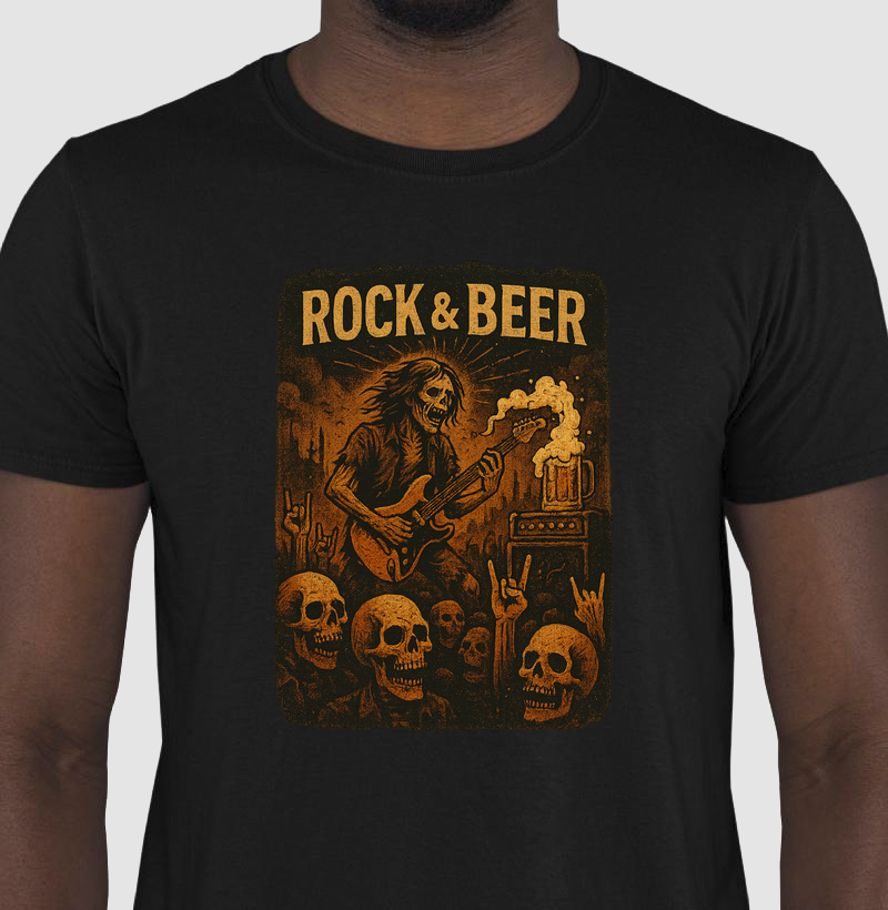 Camiseta Rock & Beer – Caveira Guitarrista Estilo Rock Pesado