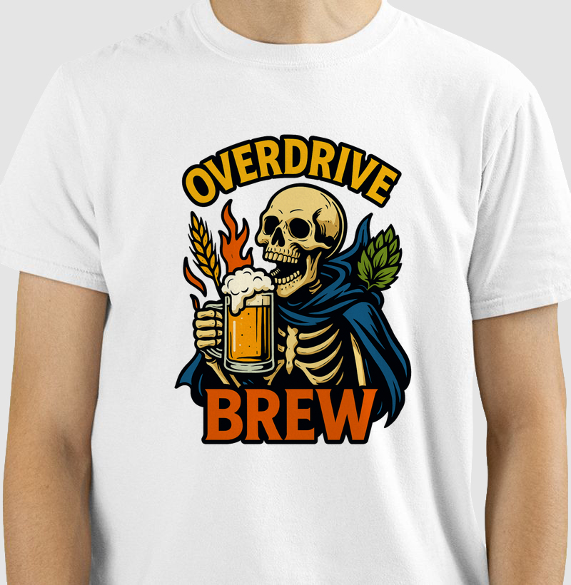 Camiseta Overdrive Brew – Caveira, Chope e Lúpulo