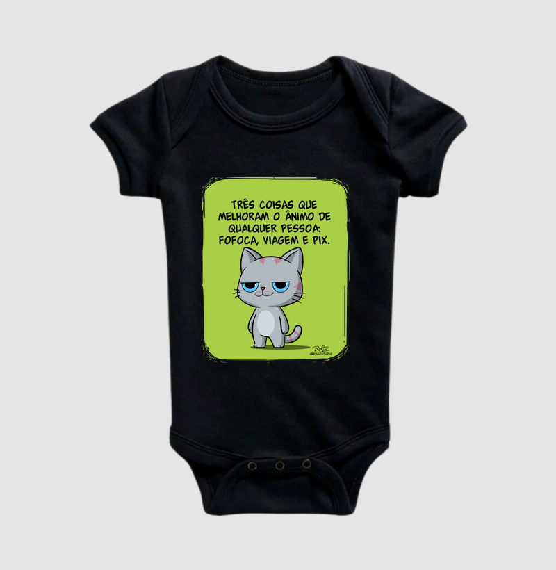 Camiseta Gato Sincero Fofoca Viagem e Pix - Body Infantil