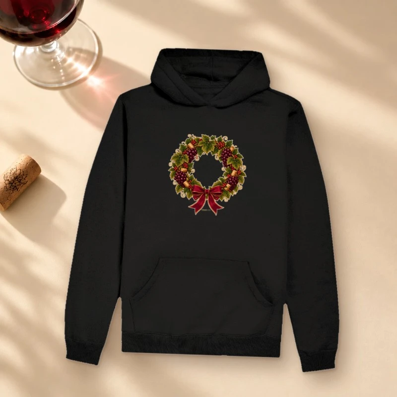 Hoodie Moletom Guirlanda de Natal do Vinho – Uvas, Rolhas e Laço