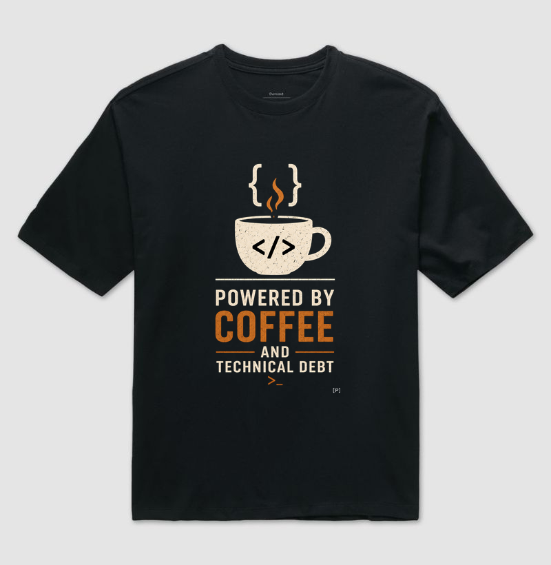 Camiseta Oversized Dev Coffee — Powered by Coffee and Technical Debt
