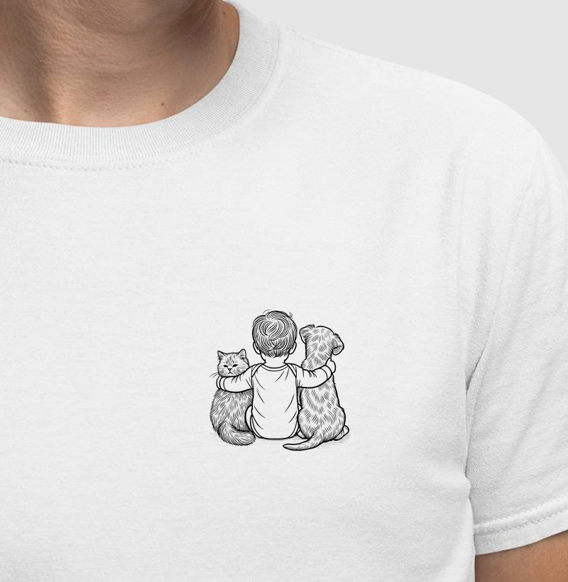 Abraço - menino criança e gato e cachorro (minimalista)