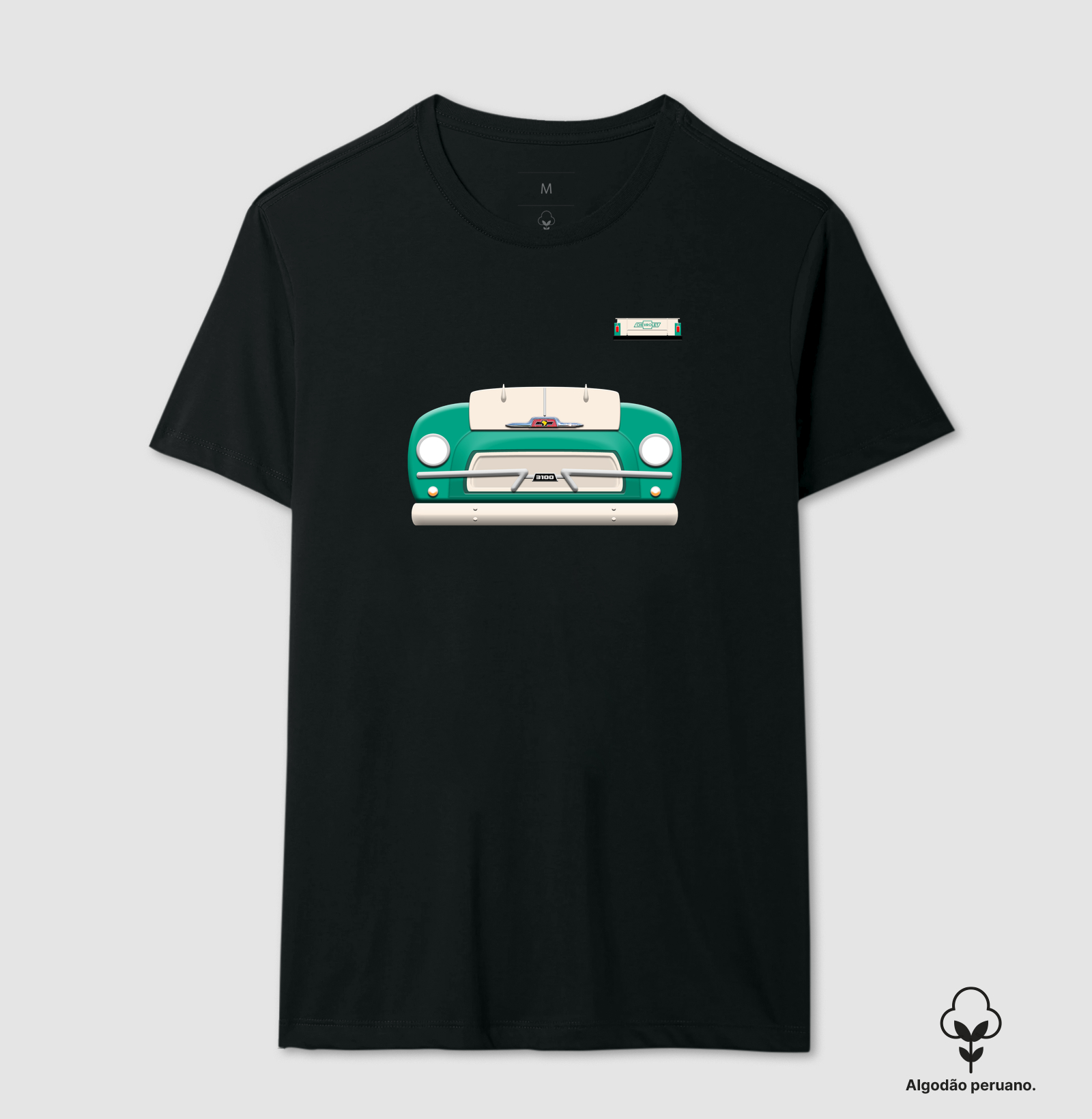 Chevrolet Brasil Frente e mini Traseira - Camiseta Algodão Peruano