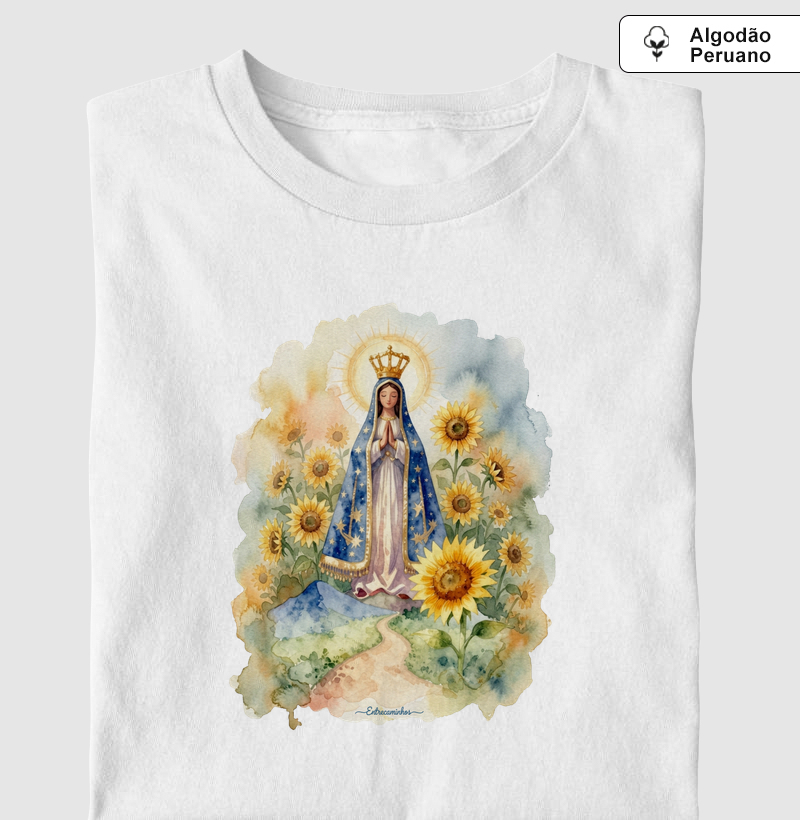 Nossa Senhora e Girassóis - Estilo Aquarela - Camiseta Algodão Peruano