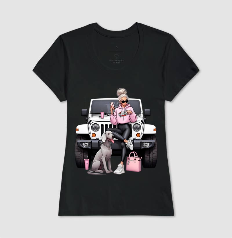 Camiseta - Mulher, Cachorro e 4X4