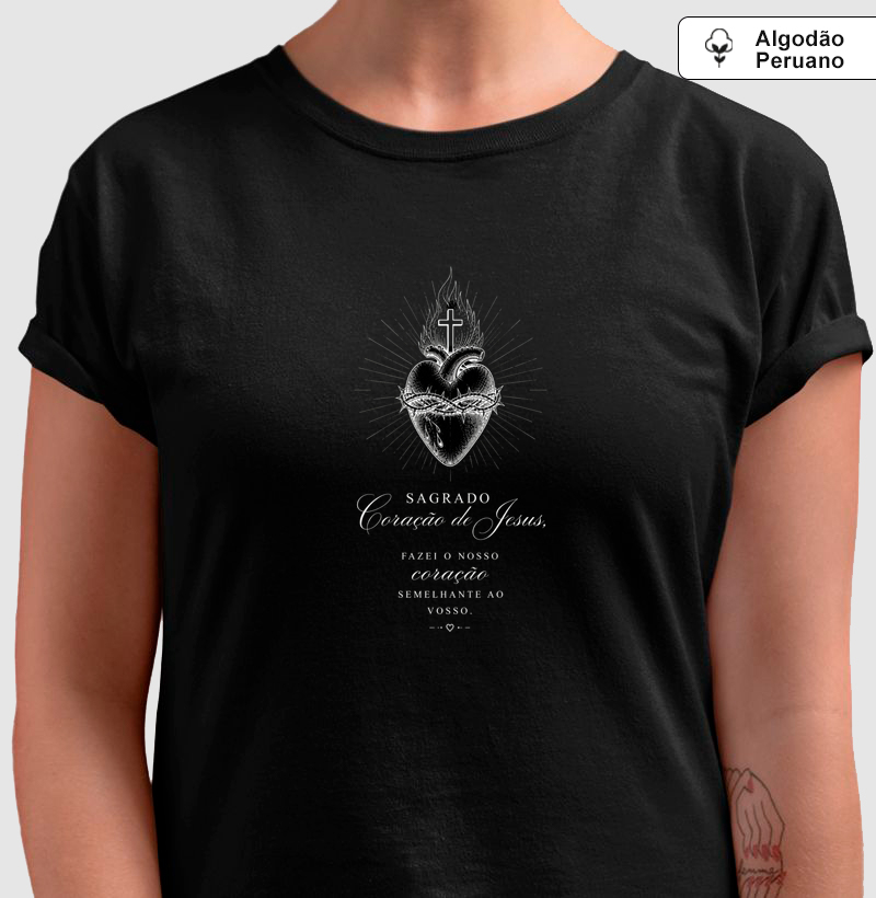 Camiseta Algodão Peruano Sagrado Coração de Jesus Fazei o Nosso Coração Semelhante ao Vosso