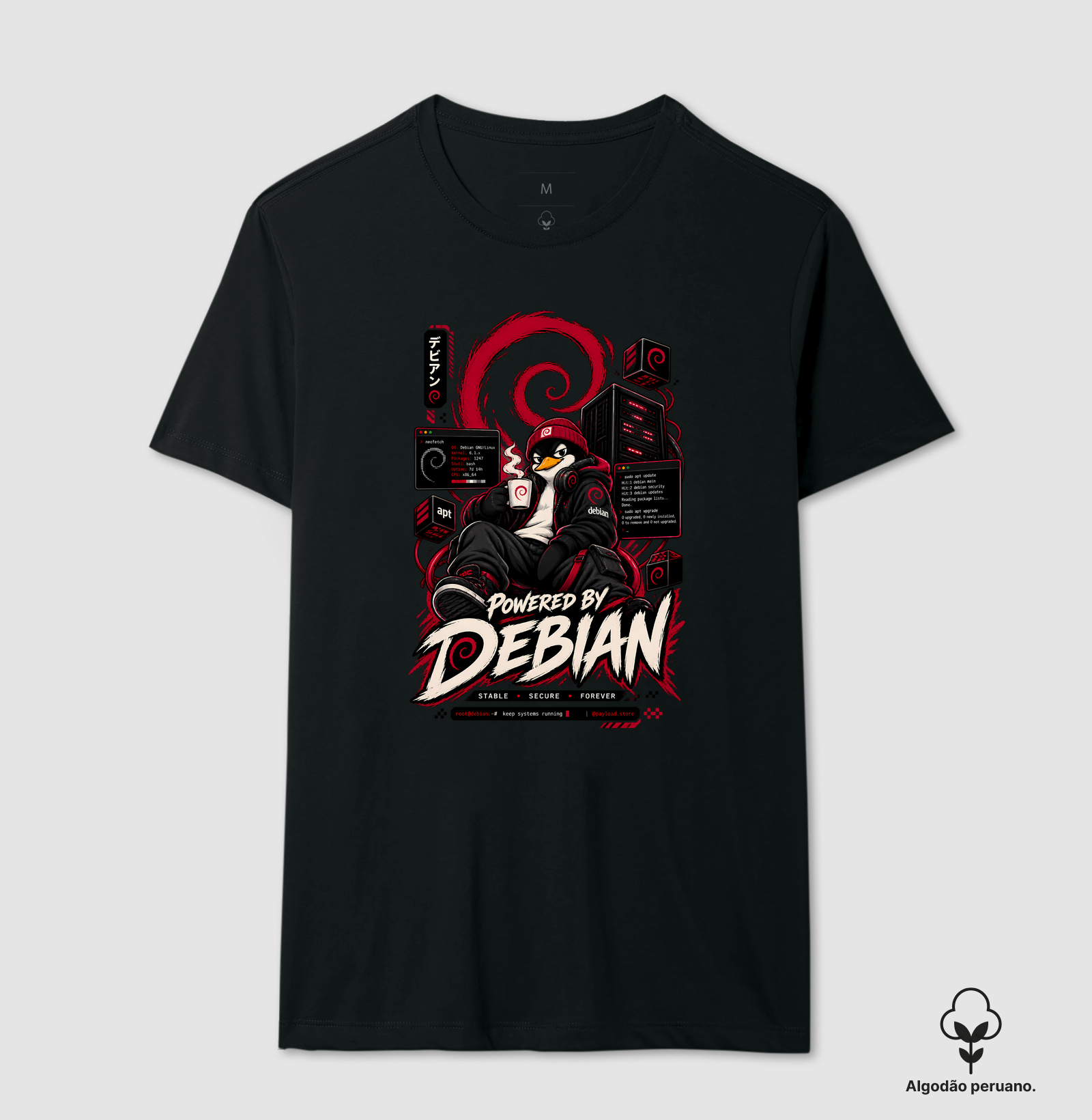 Powered by Debian — Stable, Secure, Forever - Camiseta Algodão Peruano