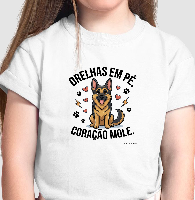 CAMISETA INFANTIL PASTOR ALEMÃO CORAÇÃO MOLE
