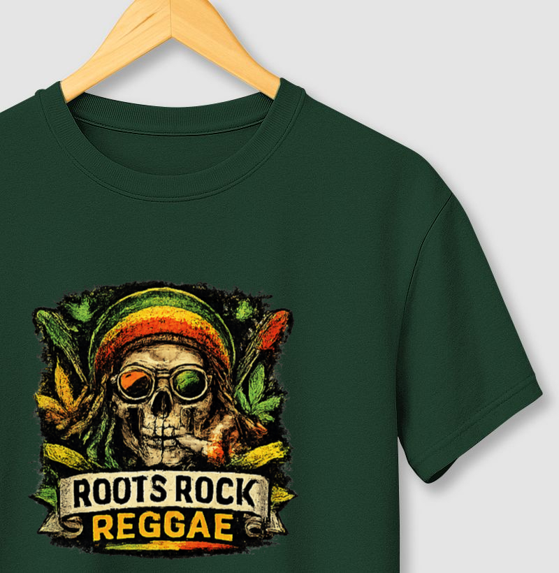Camiseta Roots Rock Reggae. Coleção Reggae Music. Masculina e Feminina. Algodão Premium.