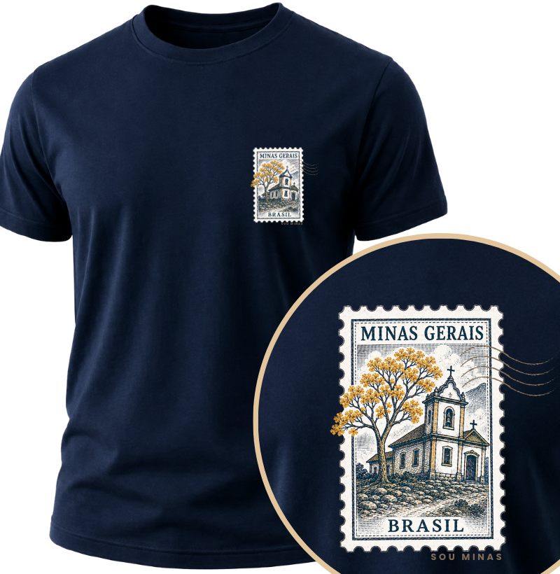 Camiseta Selo Igreja Mineira com Ipê | Arte Postal Vintage | Orgulho das Gerais