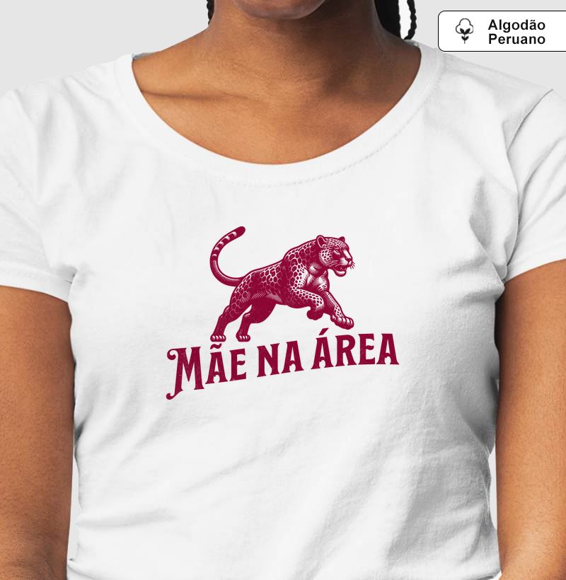 Camiseta de Algodão Peruano - Mãe na Área - ilustração vinho / onça