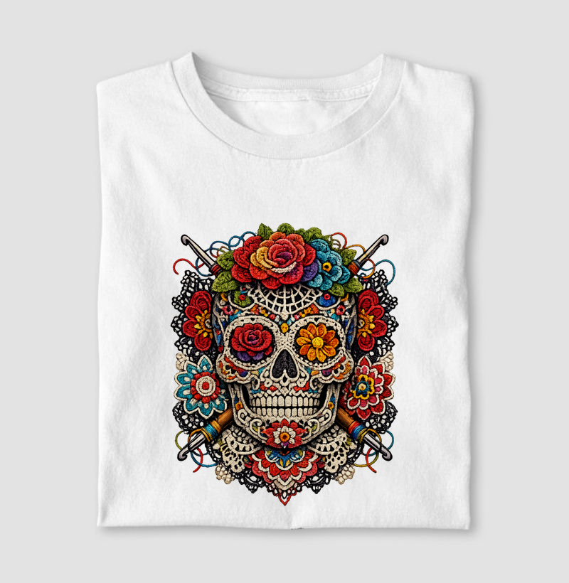 Camiseta Caveira Mexicana de Crochê Divertida