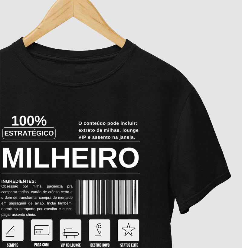Camiseta Milheiro 100% Estratégico | Estampa Viagem Passagem Grátis  | Excursionista