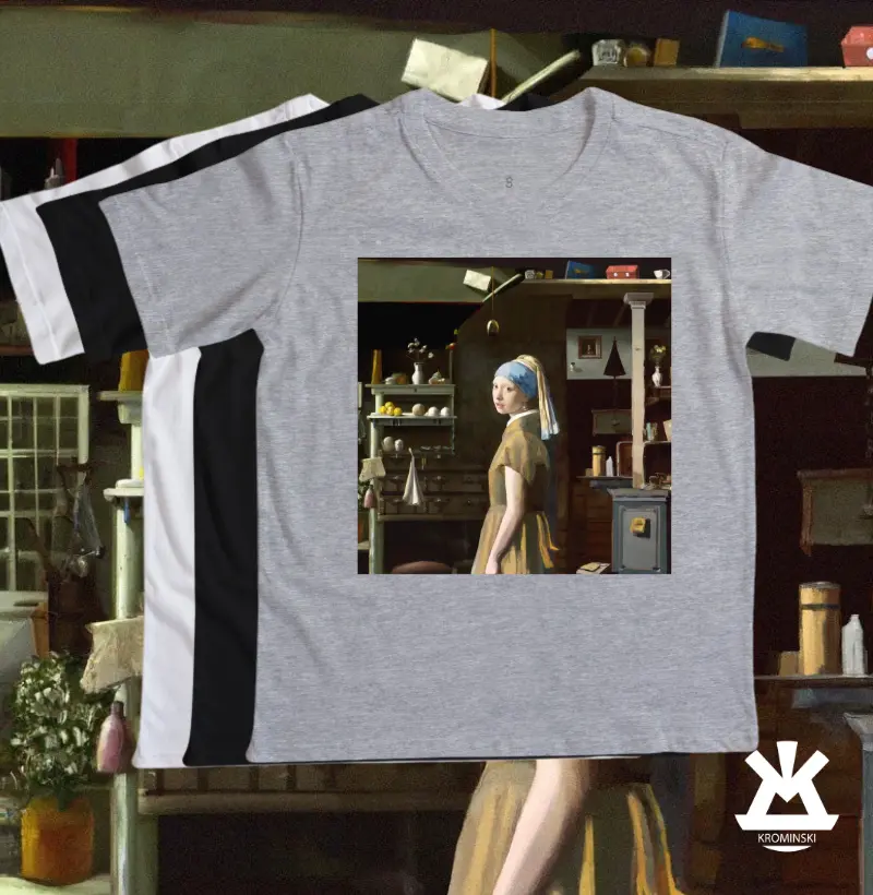 1009 Mini Camiseta Menina com colar de Pérola na Cozinha