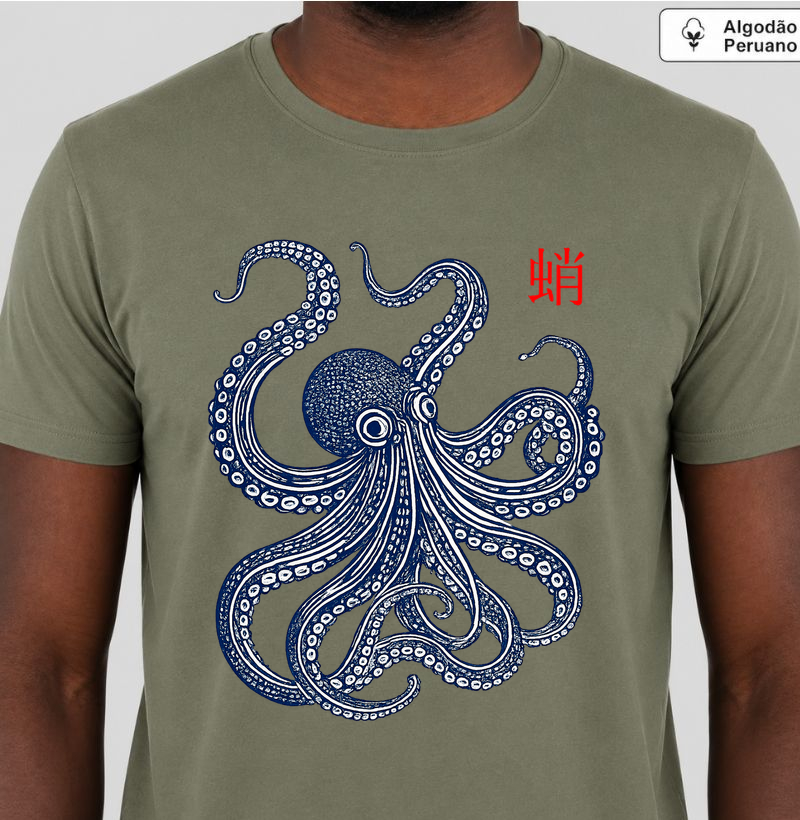 Camiseta Octopus Arte Oriental Vintage 100% Algodão Peruano 