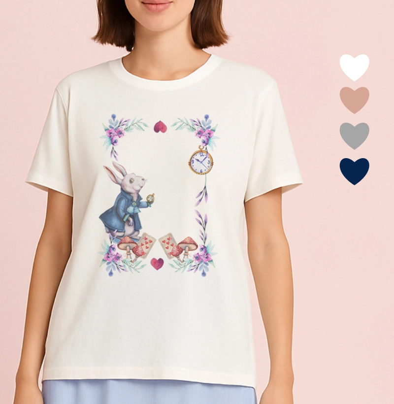 Camiseta Feminina Ilustrada Coelho e Relógio