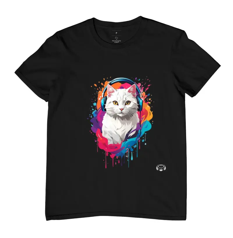 Camiseta Gato Branco Headphones