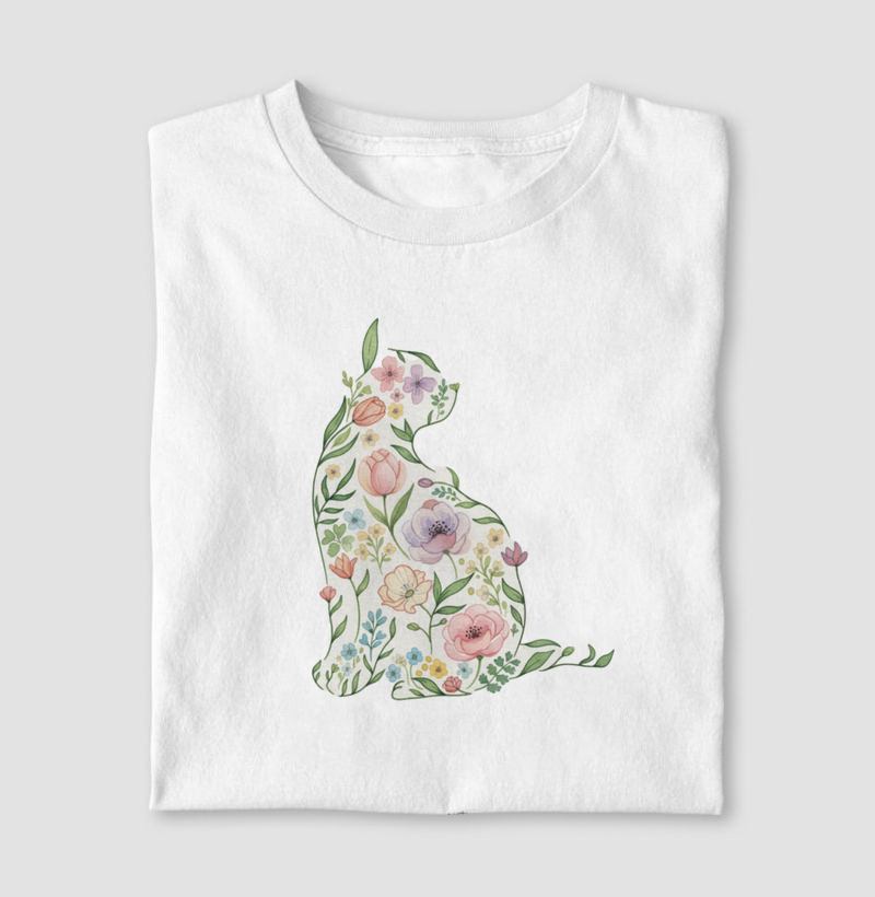 Camiseta Algodão Peruano - Gato Floral