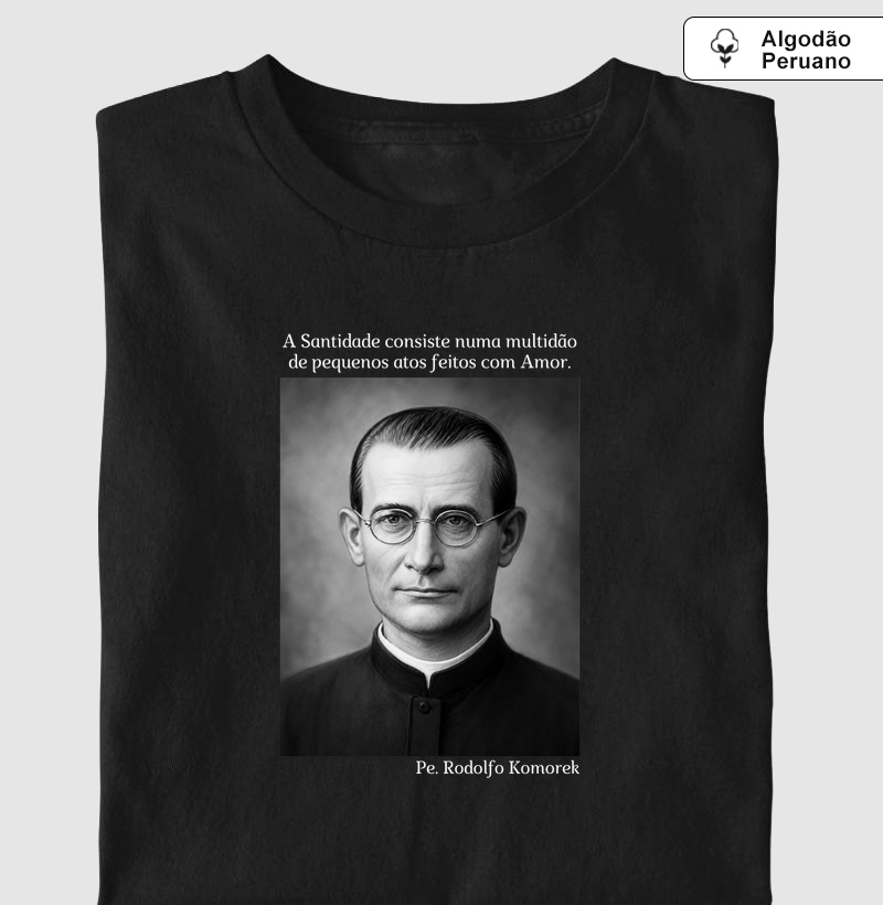 Camiseta Algodão Peruano Pe. Rodolfo Komorek (Preto e Branco)