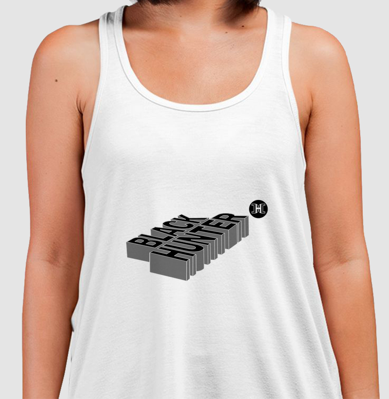 camiseta regata letreiros deitado preto e branco black hunter