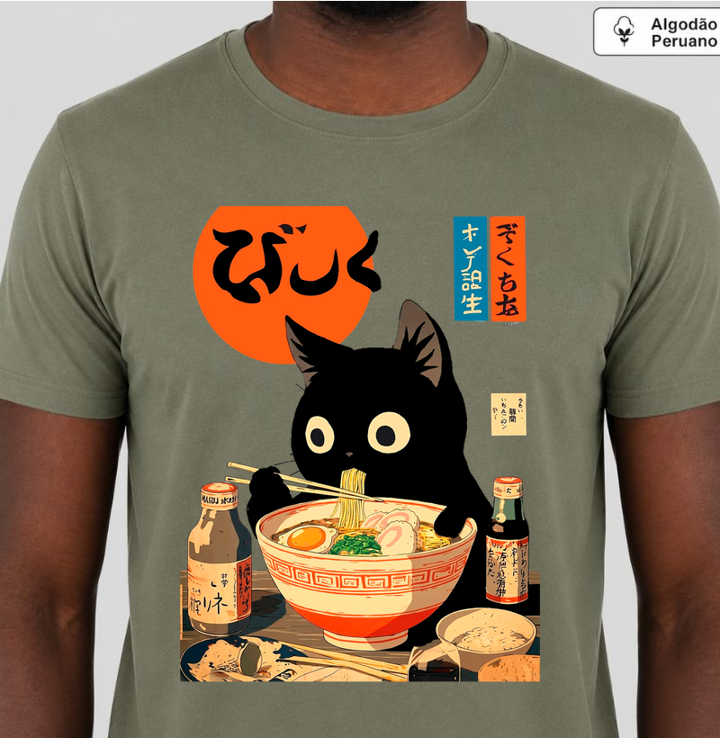 Camiseta Gato Ramen Japonês – Arte Kawaii | Algodão Peruano