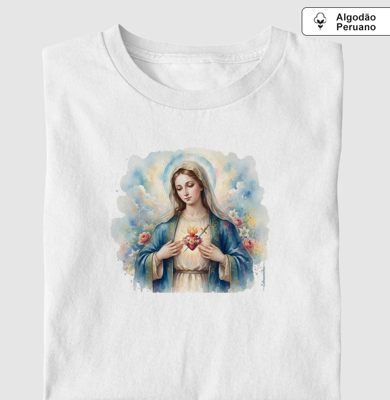 Imaculado Coração de Maria - Estampa Aquarela - Camiseta Algodão Peruano