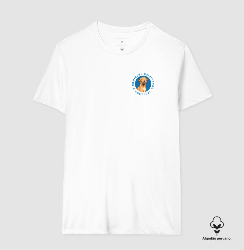 Camiseta Patrimônio Cultural Brasileiro Vira-Lata Caramelo Emblema Azul Estampa Unissex