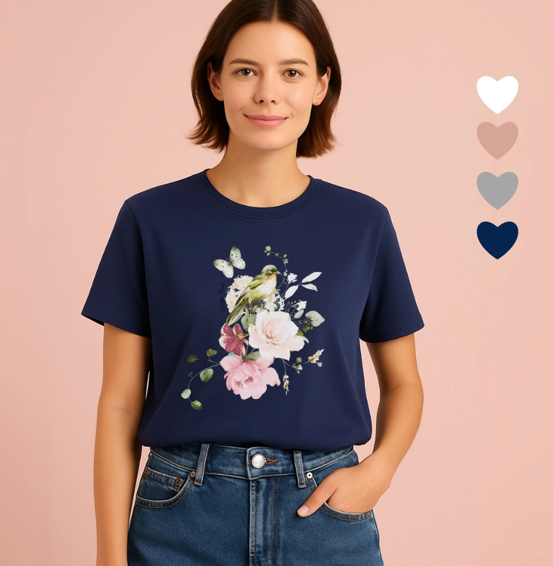 Camiseta Feminina Ilustrada Pássaro Verde e Flores