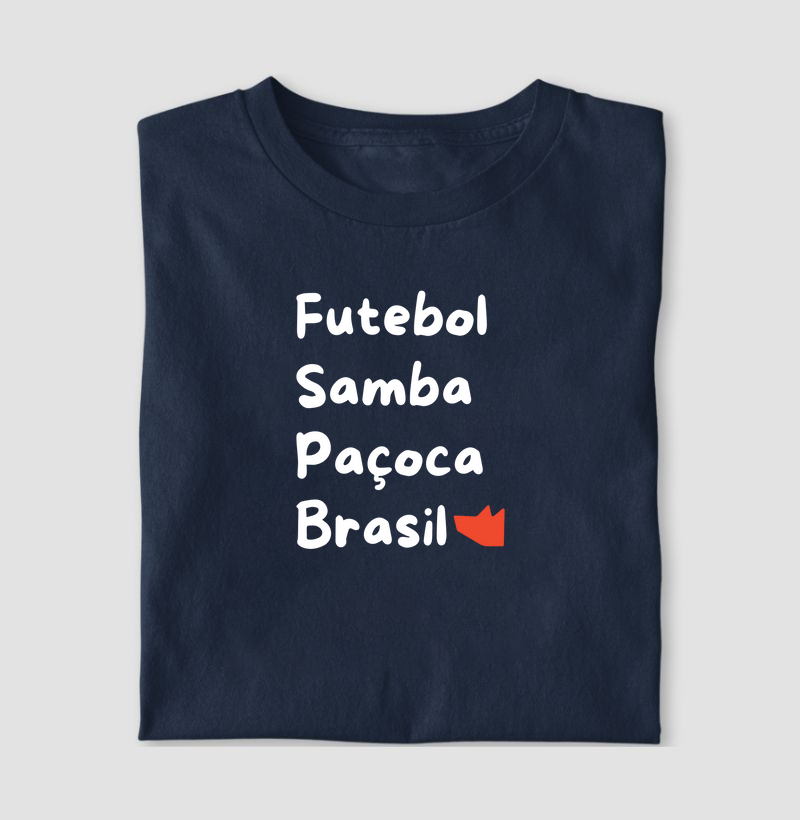 Camiseta futebol, samba, paçoca e Brasil
