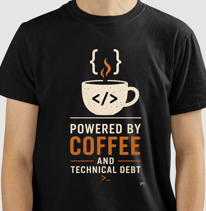 Camiseta Dev Coffee — Powered by Coffee and Technical Debt