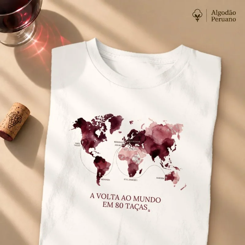 Camiseta Vinho - A volta ao mundo em 80 taças - Camiseta Algodão Peruano