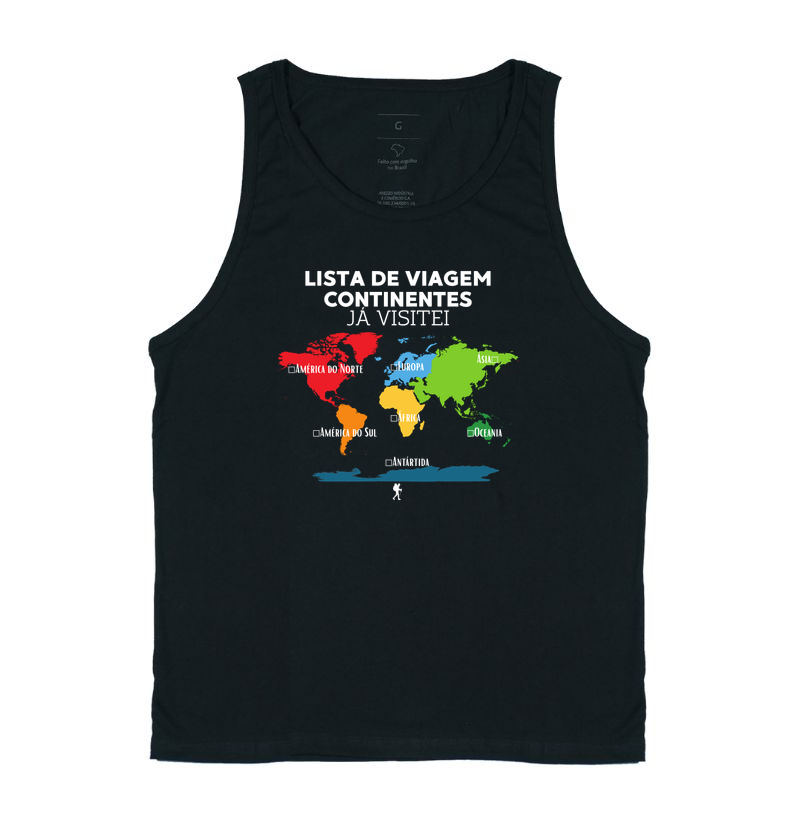 Camiseta Lista de Viagem Continentes Ja Visitei | Mapa Mundi Auto Personalizavel | Colecao Personalizaveis - Regata