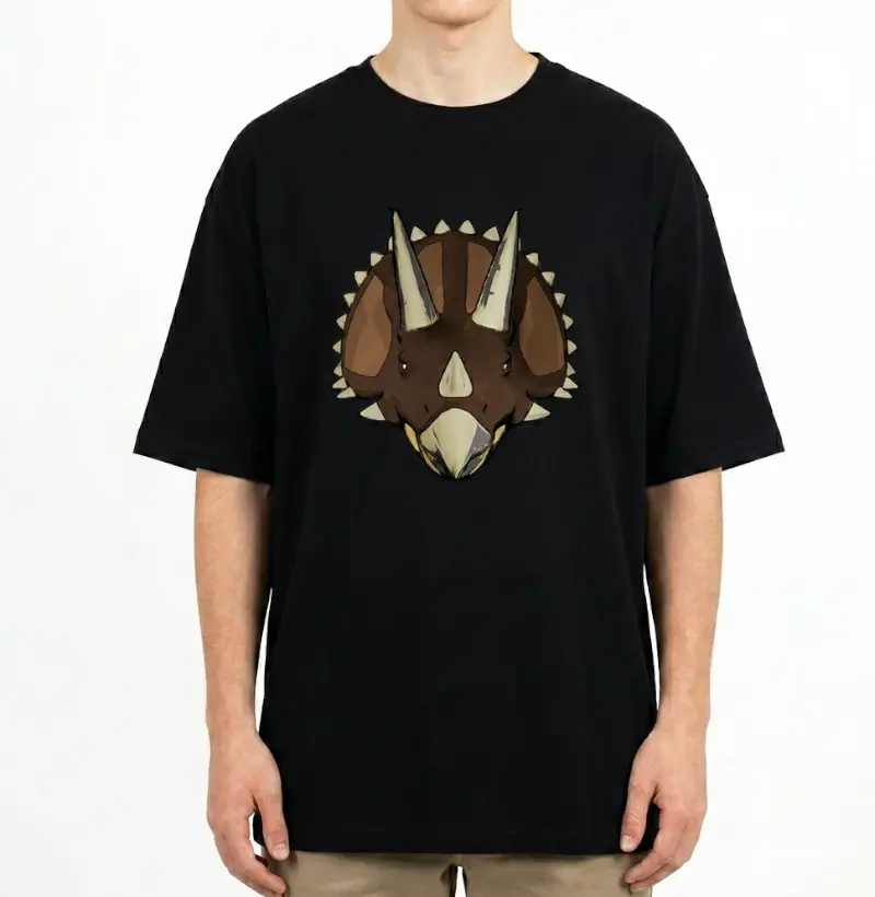 Camiseta Dinossauro Oversized Triceratops Cabeçada Algodão Premium Dinoloco