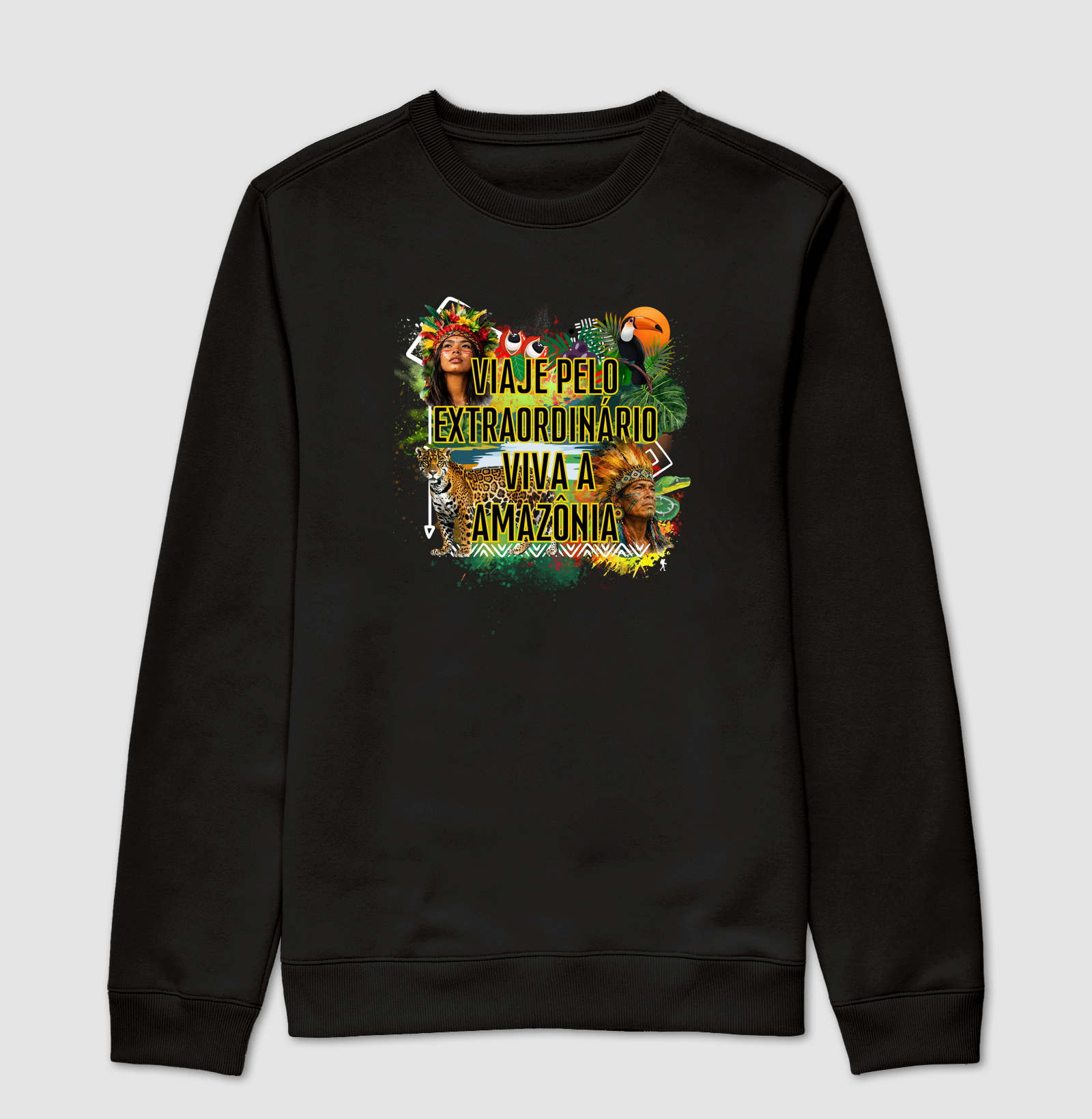 Camiseta Viaje pelo Extraordinario Viva a Amazonia | Onca Tucano Indigena | Colecao Viciados em Viagem