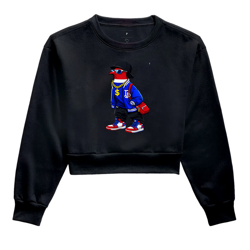 Essa arte vibrante e cheia de atitude traz um estilo com visual de rua, combinando moda hip-hop, cores marcantes e confiança total. - Cropped Moletom