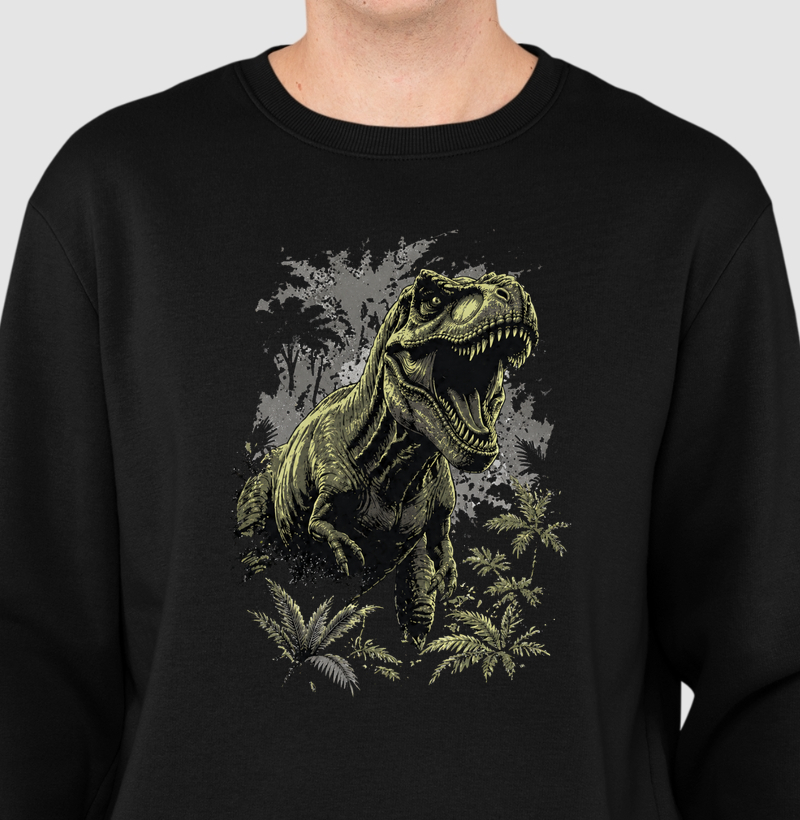 Blusa Dinossauro Suéter T-rex Furioso na Selva Algodão Premium Dinoloco