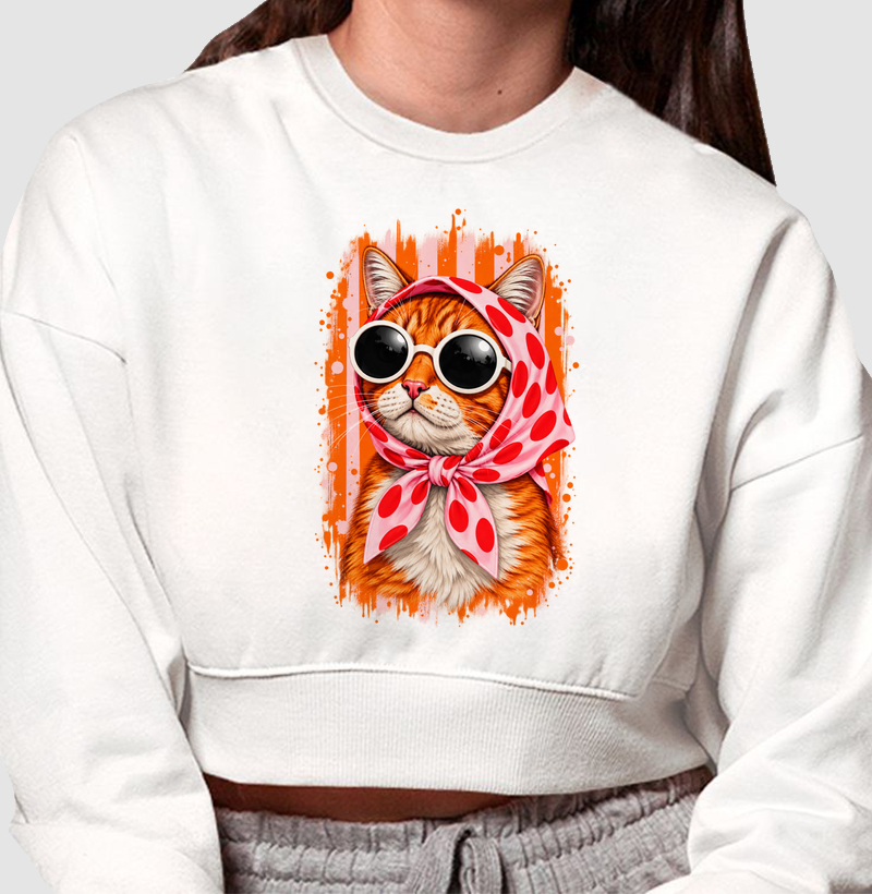 Gato Fashion Retrô Laranja  - Cropped Moletom