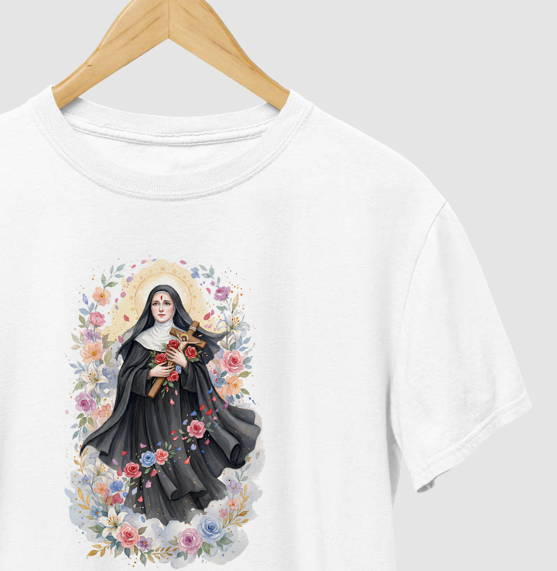 Santa Rita de Cássia - Aquarela com Rosas - Camiseta