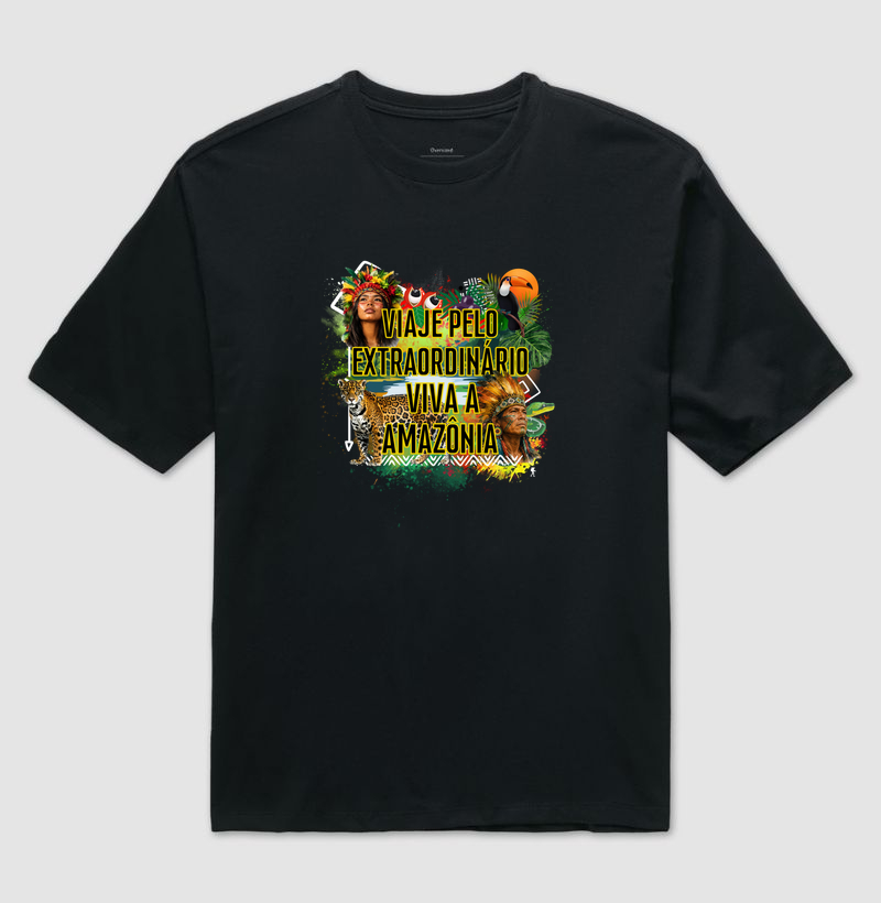 Camiseta Viaje pelo Extraordinario Viva a Amazonia | Onca Tucano Indigena | Colecao Viciados em Viagem