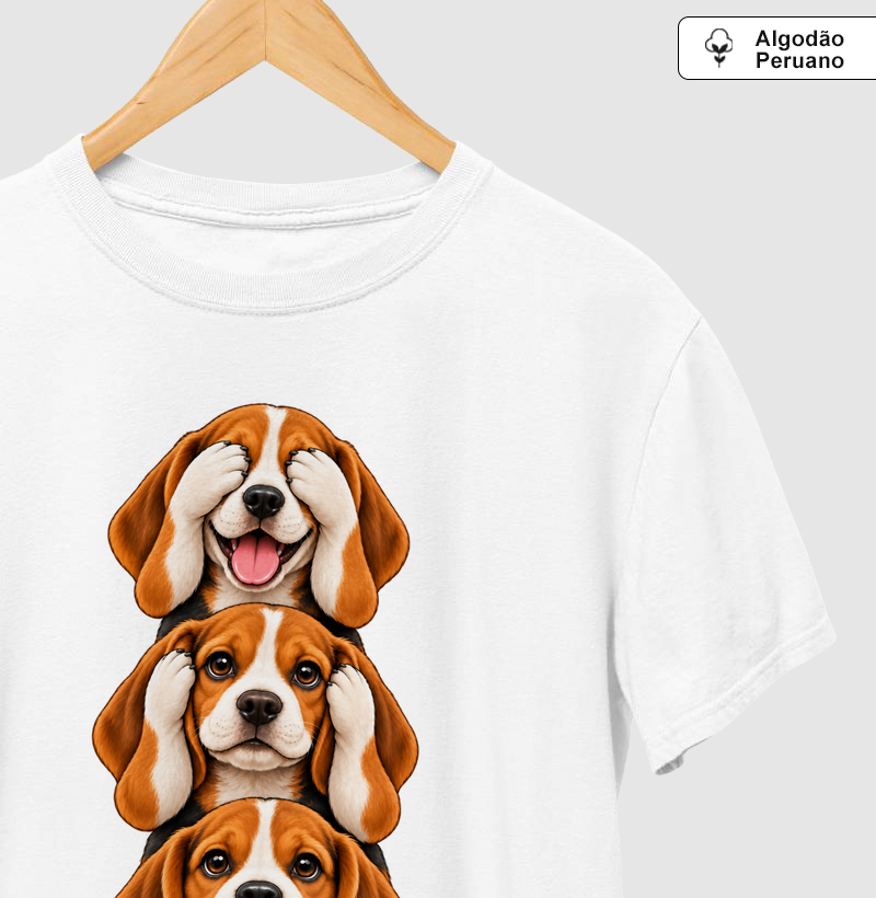Ver, ouvir e falar versão Beagle - Camiseta Algodão Peruano