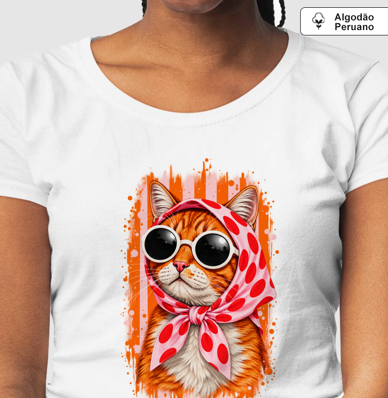 Gato Fashion Retrô Laranja  - Camiseta Algodão Peruano