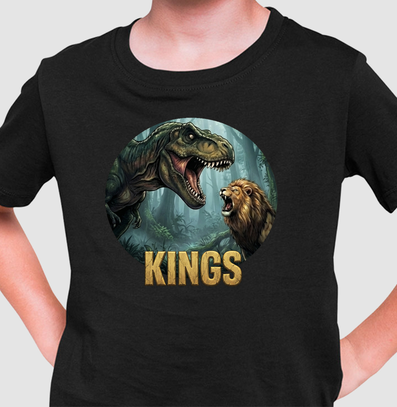 Camiseta Dinossauro Kings - T-rex vs Leão Algodão Premium Dinoloco