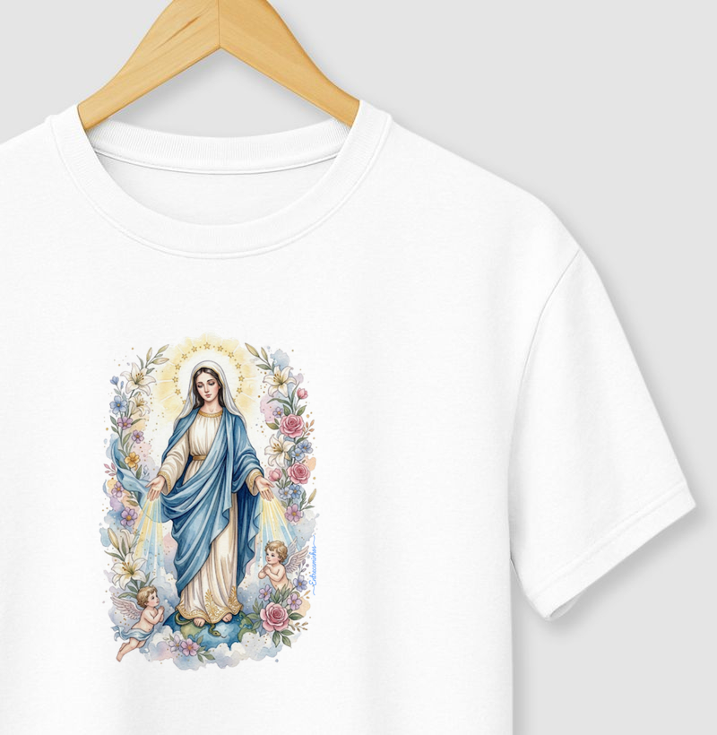 Camiseta Nossa Senhora das Graças - Raios de Luz e Anjos - Camiseta