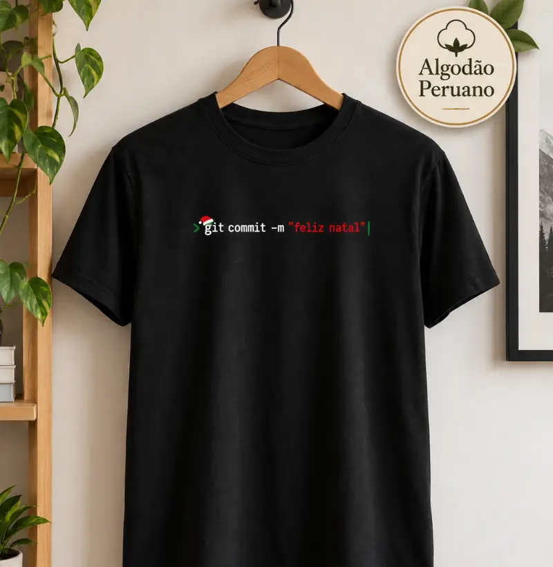 git commit -m "feliz natal" — Christmas Dev - Camiseta Algodão Peruano