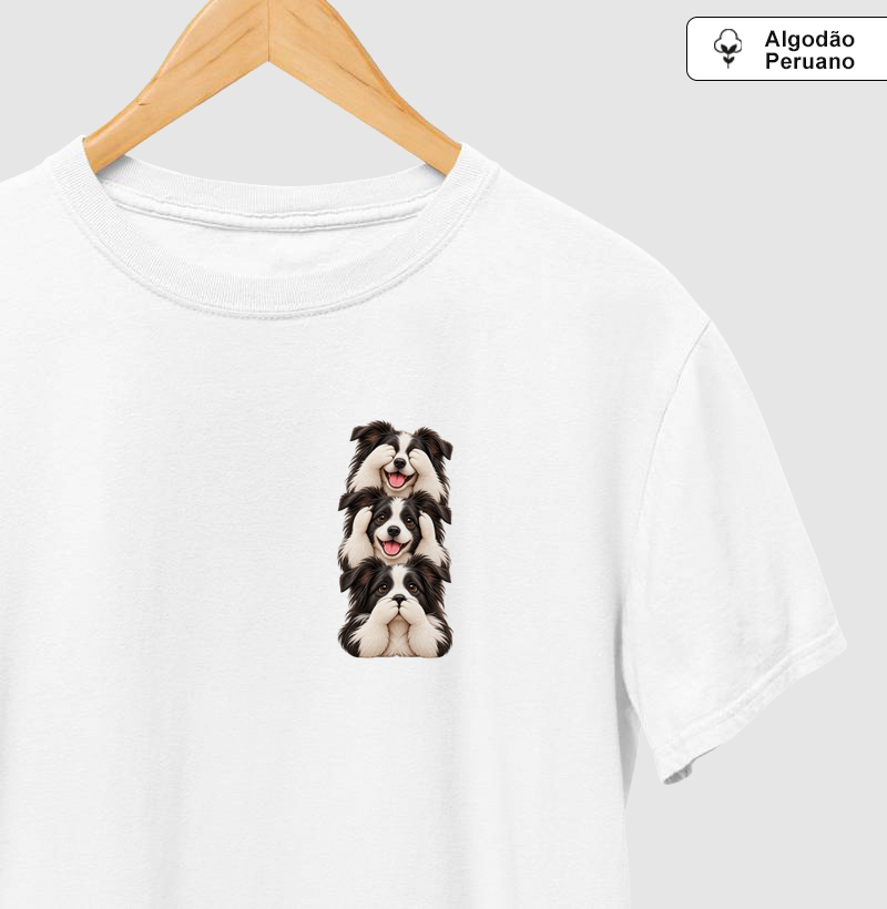 Ver, ouvir e falar versão Border Collie (minimal) - Camiseta Algodão Peruano