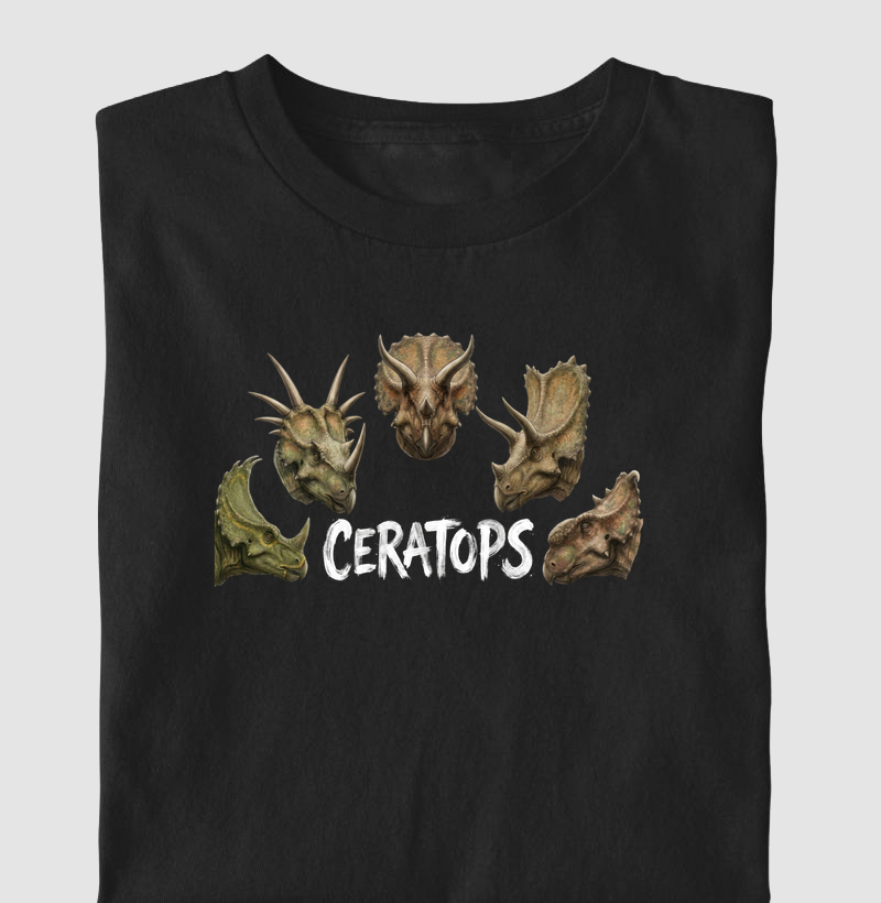 Camiseta Dinossauro Ceratops Preta Algodão Premium Dinoloco
