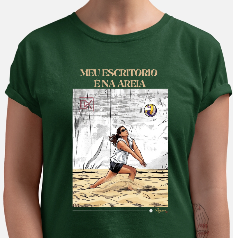 Camiseta Vôlei de Praia “Meu Escritório é na Areia” – Algodão Premium Masculina, Feminina e Babylook